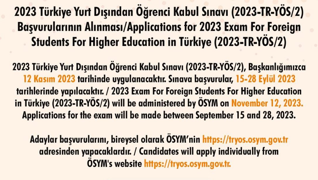2023 Türkiye Yurt Dışından Öğrenci Kabul Sınavı (2023-TR-YÖS/2)